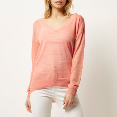 Pink slouchy knitted V-neck jumper